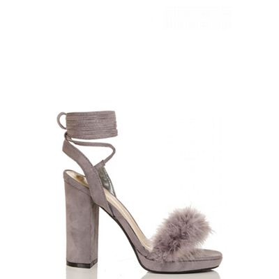 Grey faux fur lace up block heel sandals
